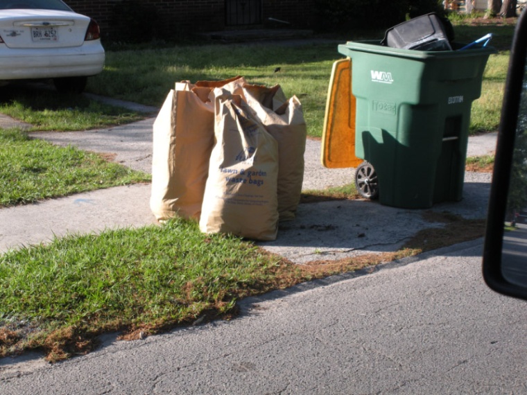 Dry trash in paper bags on curb